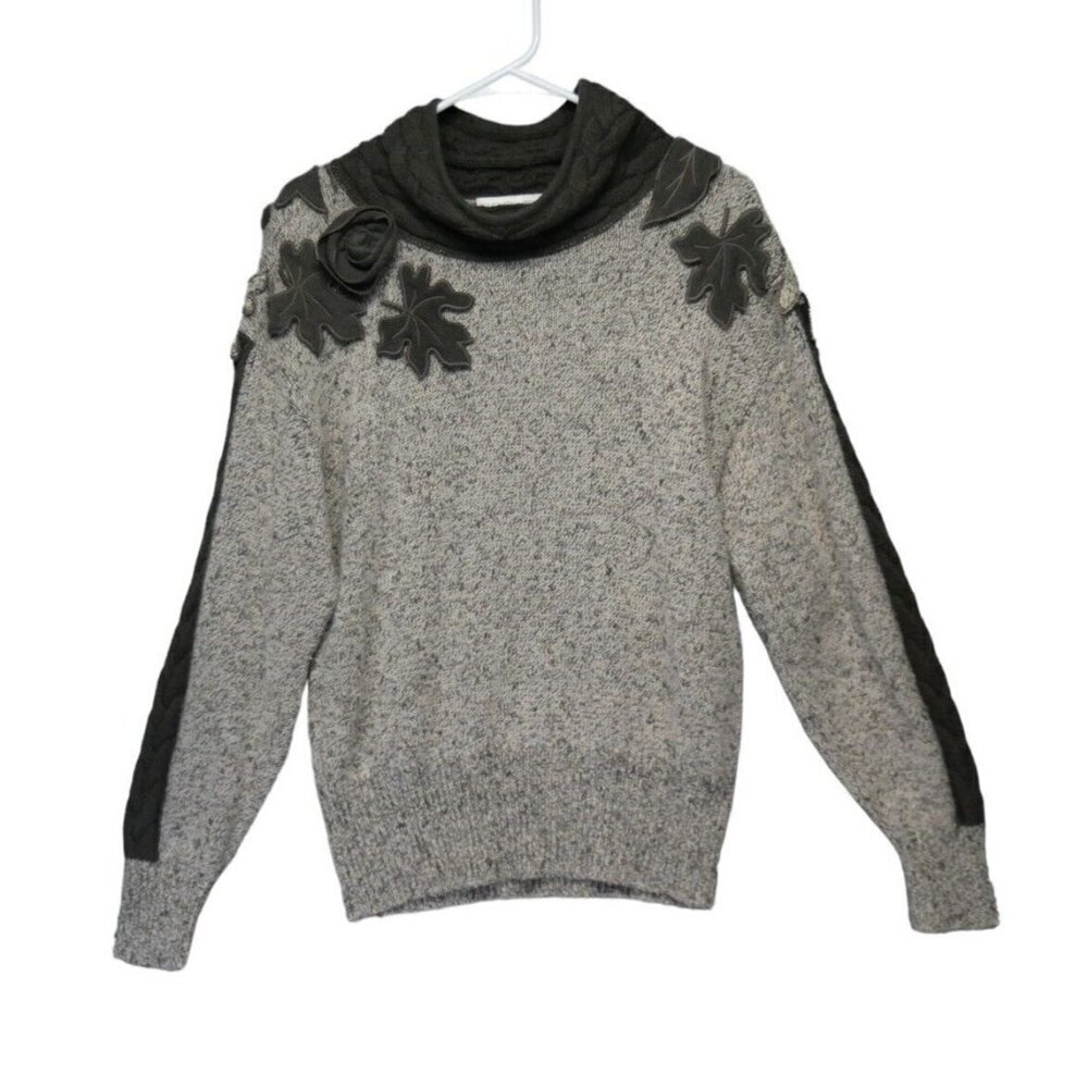 Escada Wool Blend Sweater Sz EU 34 US Small Tan Green Rose Leaves applique 3D